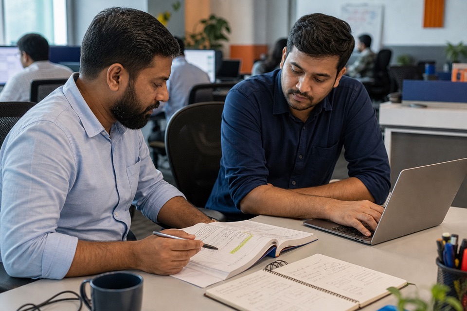Two experienced Salesforce consultants reviewing CRM architecture and technical notes