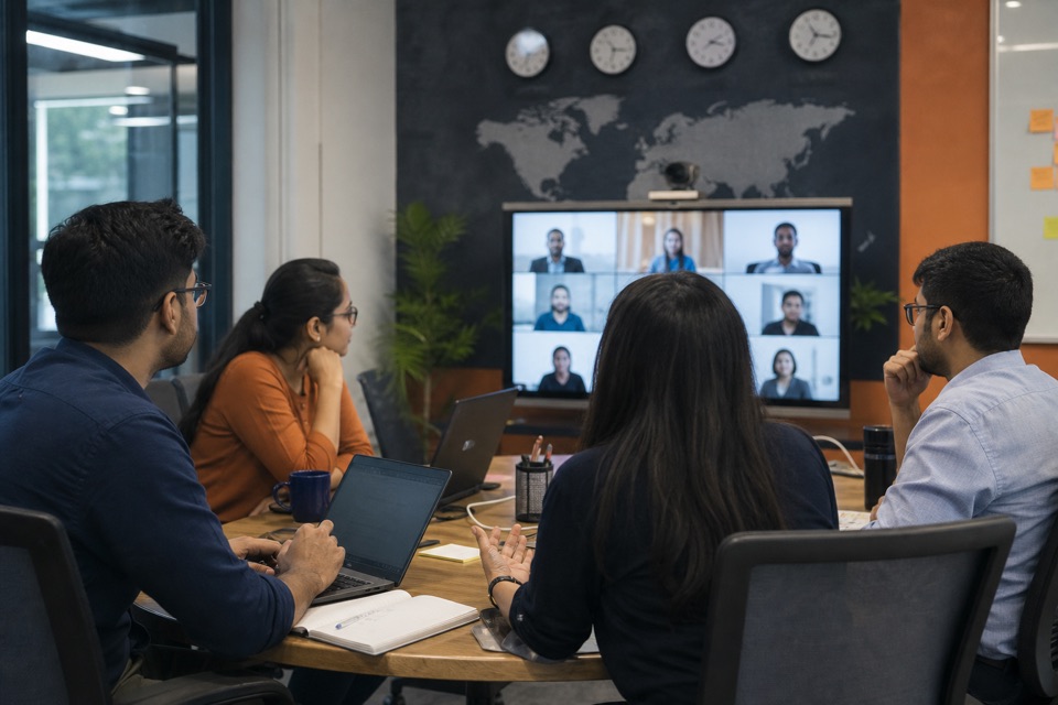Indian delivery team collaborating with international colleagues by video conference
