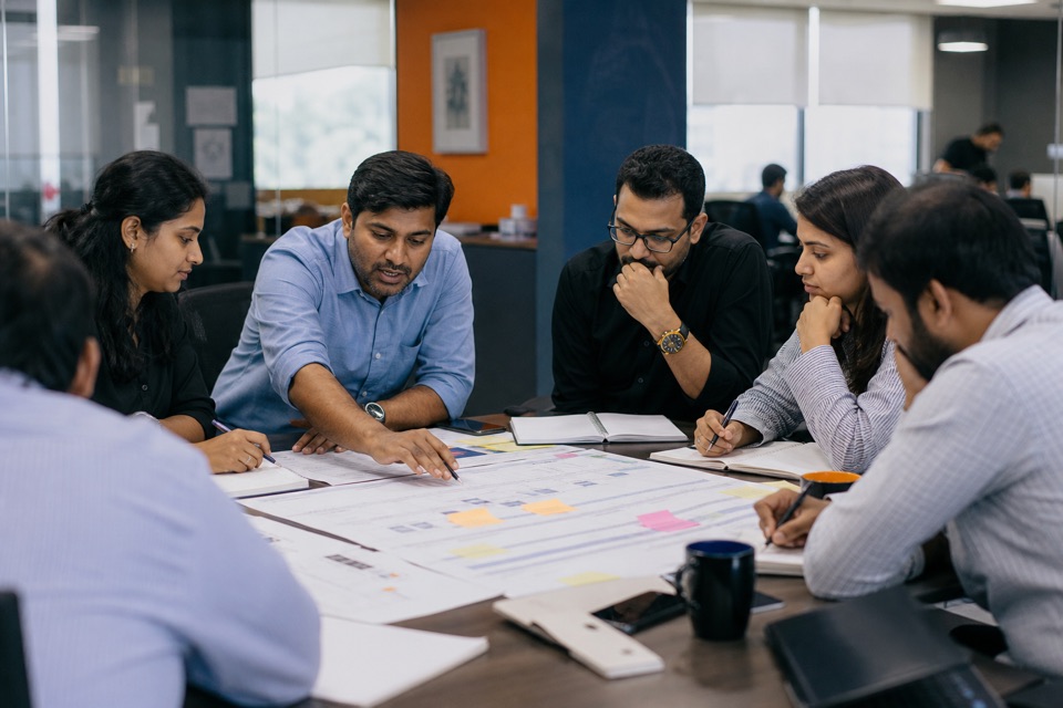 Consulting team reviewing a project roadmap during a delivery workshop