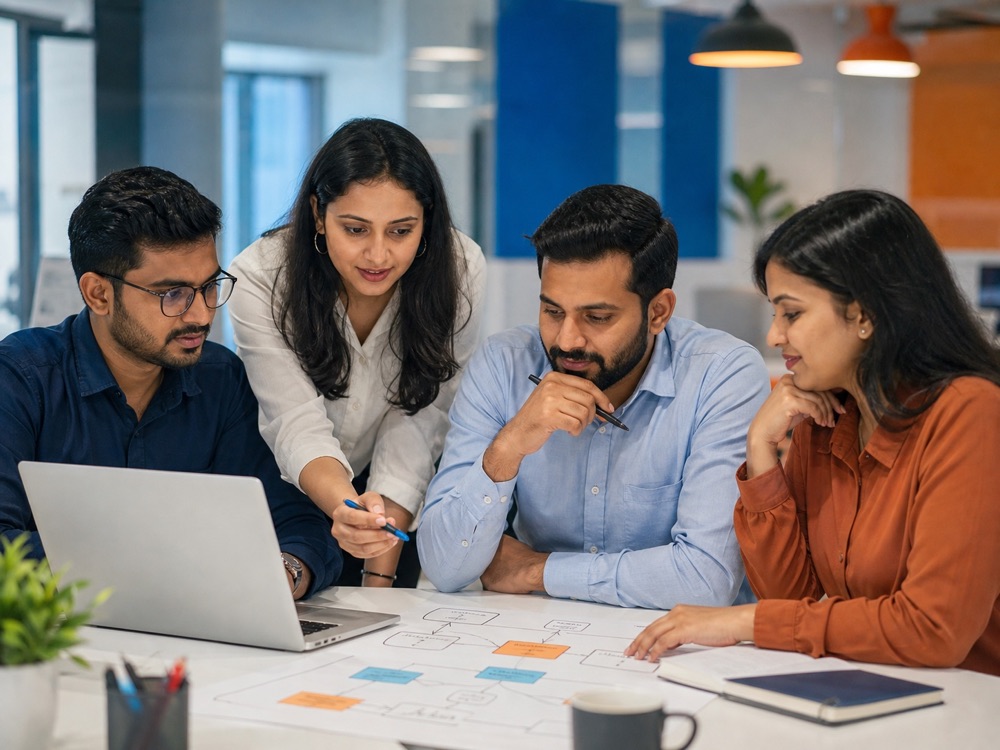 A team of technology consultants collaborating around a laptop and a workflow plan