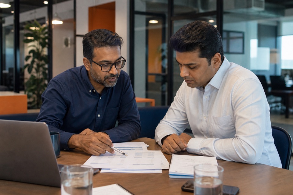 Technology consultant and client reviewing project scope and pricing documents