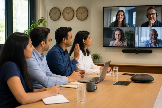 Indian consulting team meeting international clients by video conference
