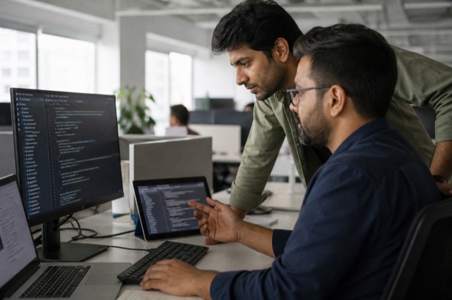 Software developers collaborating on ongoing Salesforce development support