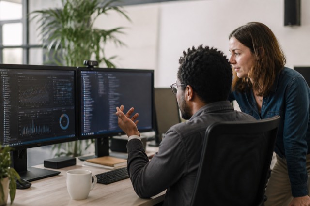 IT support specialists monitoring business systems and resolving an issue