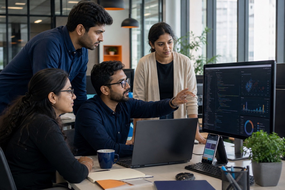 Development team reviewing an AI, software, and data project