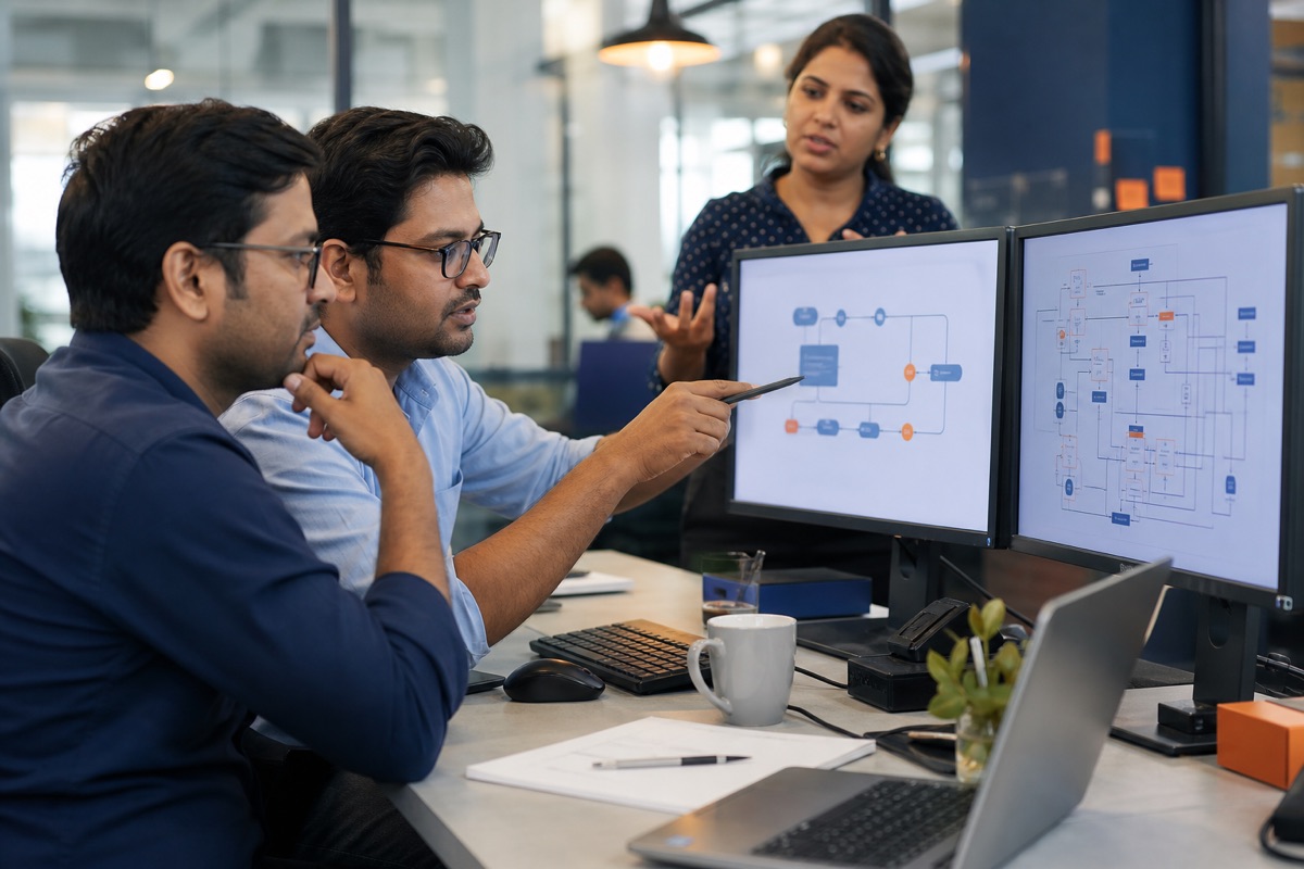 Integration engineers reviewing system architecture and data flows together
