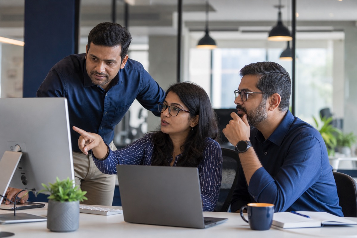 CRM consultants collaborating on a Salesforce implementation in a modern office