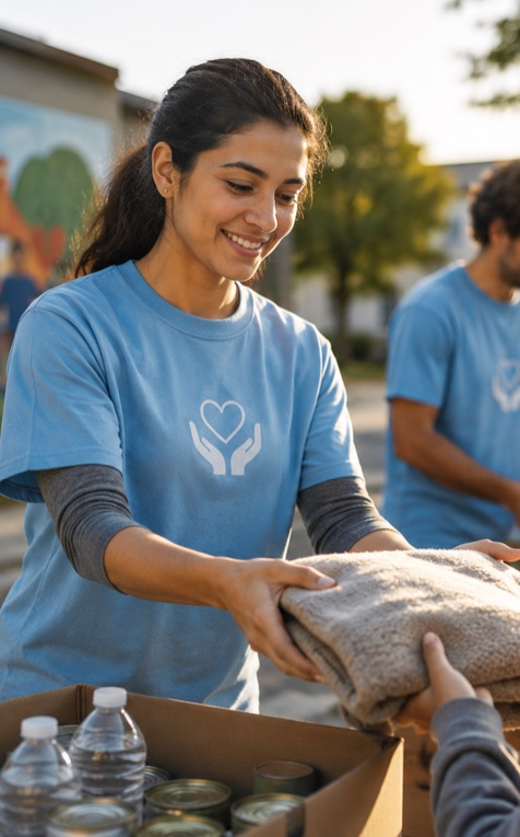 Volunteers distributing supplies at a community drive