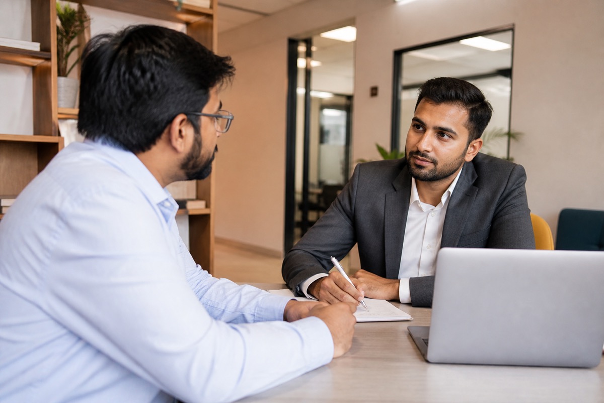 A technology consultant listening to a business client