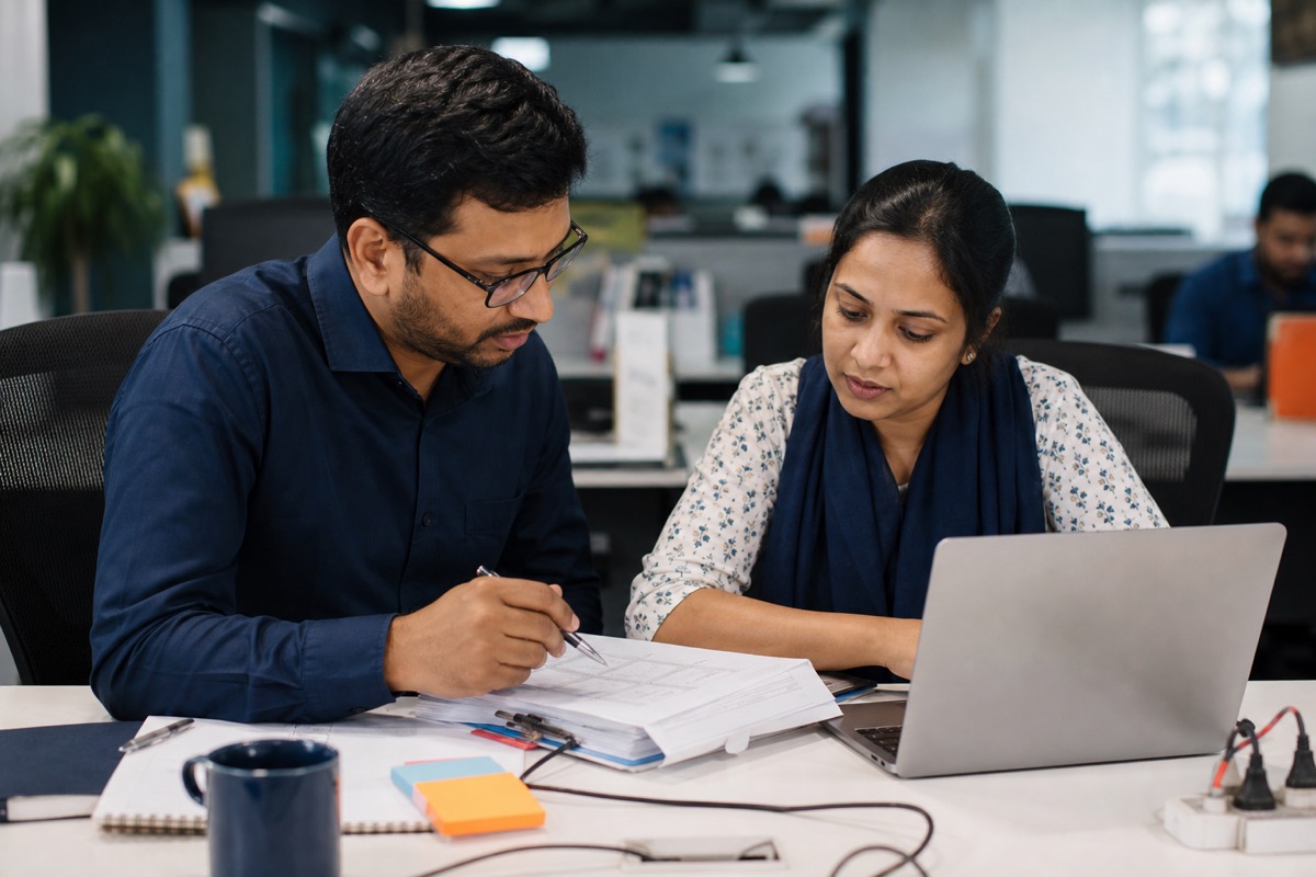 Technology consultants reviewing a CRM implementation plan