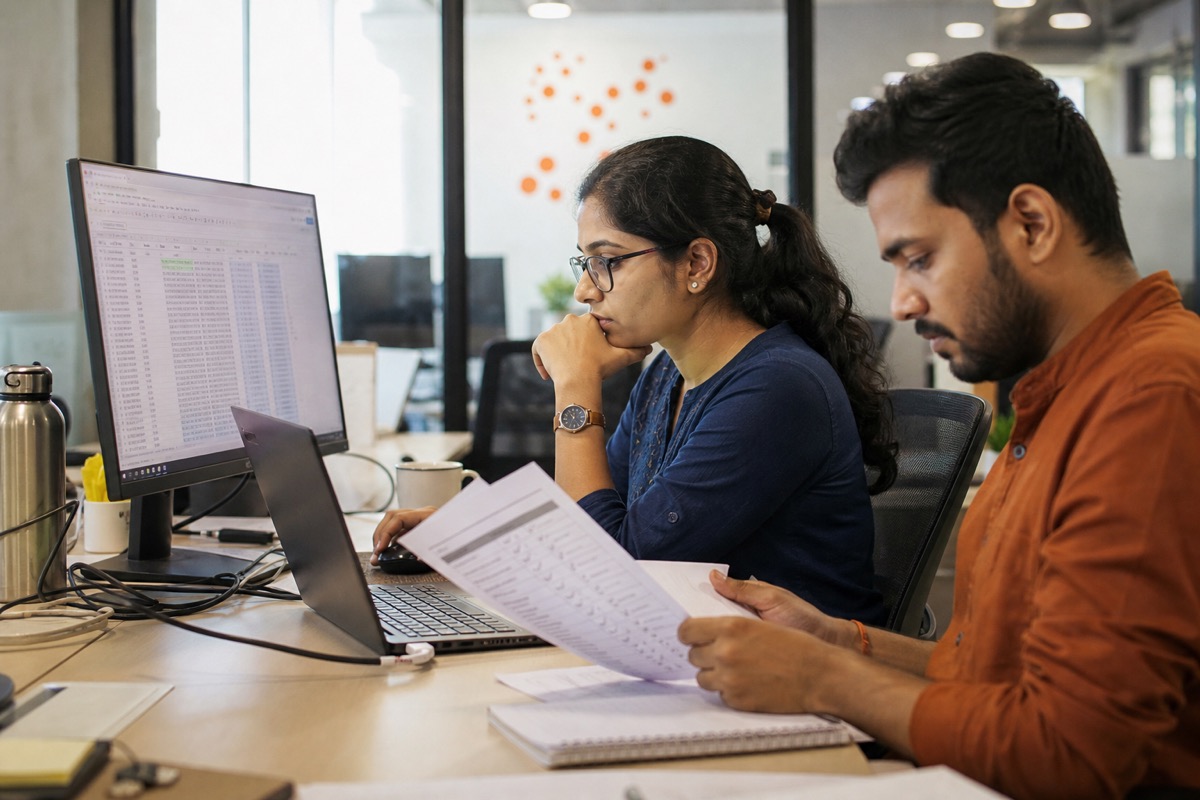 Data specialists validating business records during a secure migration