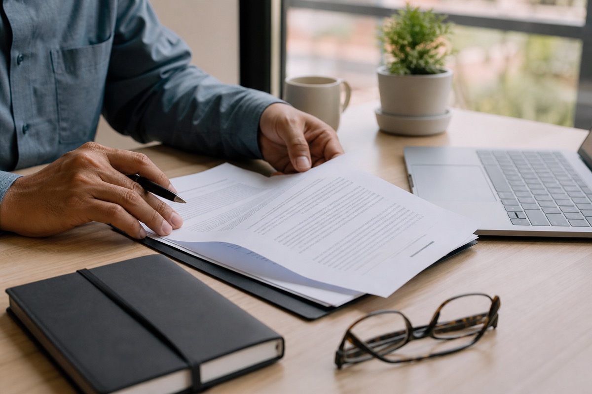 A professional reviewing an organized business policy document