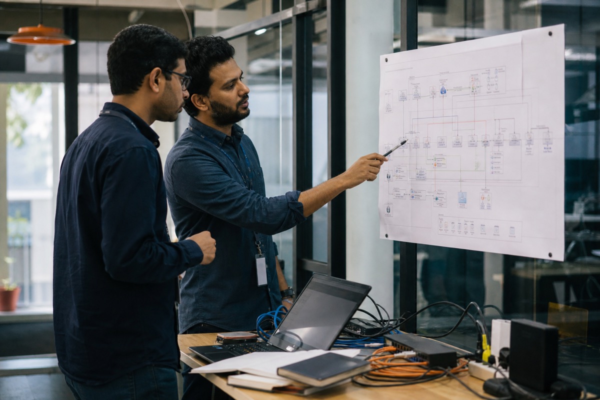 Integration engineers reviewing a connected systems architecture