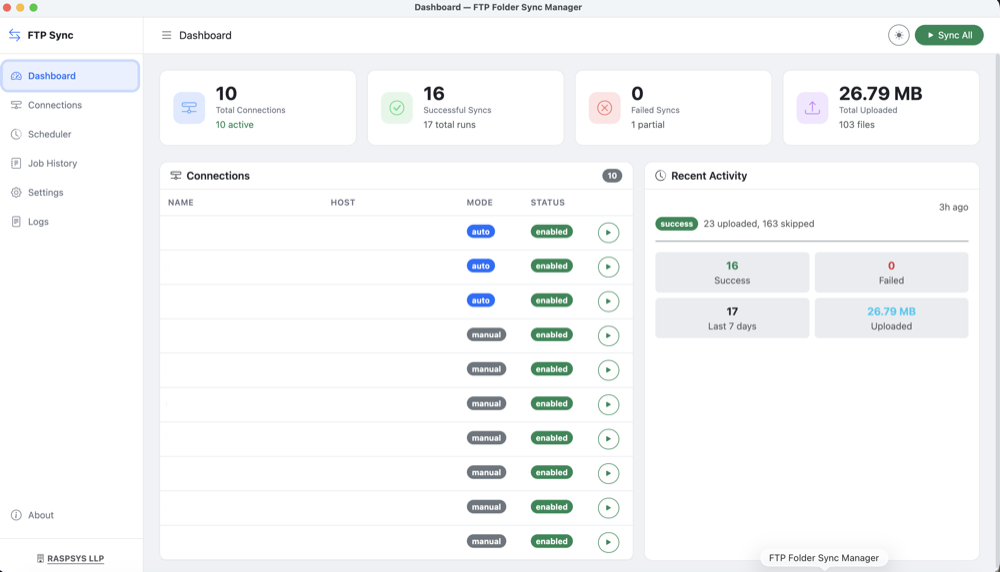 FTP Folder Sync Manager interface showing sync configuration