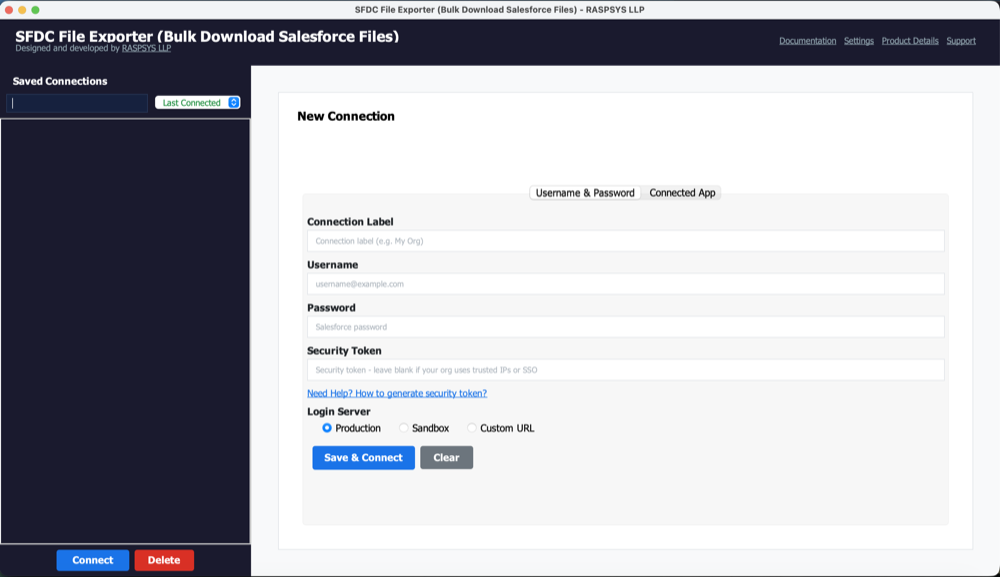 SFDC File Exporter interface showing the Salesforce connection screen