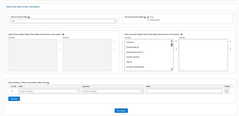 SFDC File Manager interface showing Salesforce file storage reporting