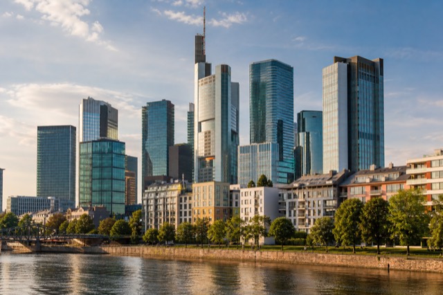 Frankfurt financial district and riverfront in Germany