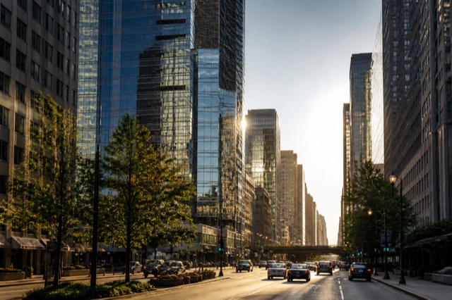Modern downtown business district in the United States